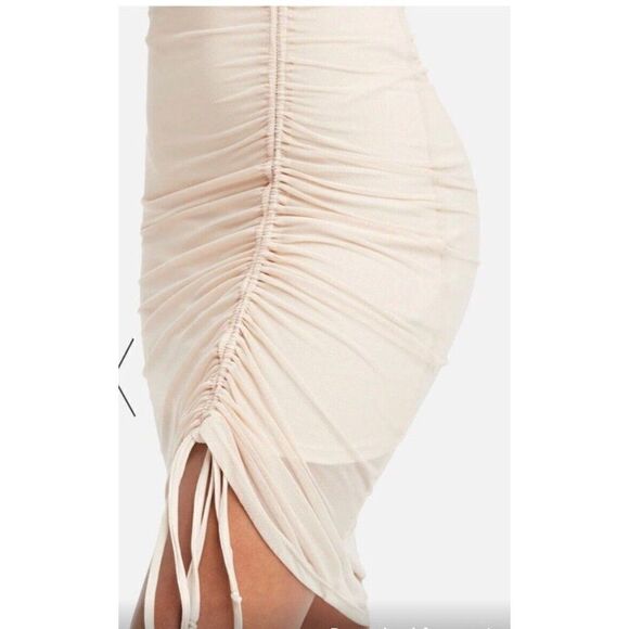 Bebe New Bodycon Solid Beige Nude Sheer Long Sleeve Ruched Mini Dress Xs - Picture 4 of 12